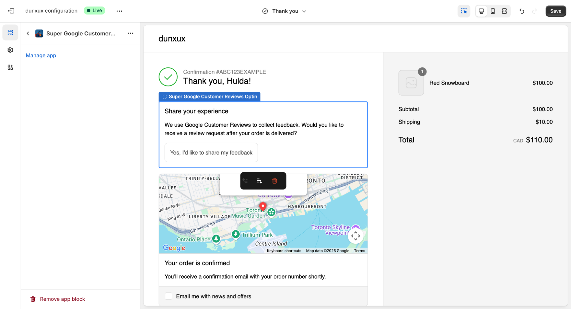 Thank You page editor showing the Super Google Customer Reviews extension positioned among other checkout elements with drag and drop interface